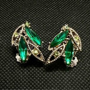 Juliana D&E Style Stunning Vintage Clip On‎ Earrings Green Rhinestone Leaf